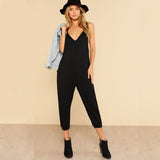 Black Straps Special Back Mid Waist Ankle Calf Length Sexy Jumpsuit