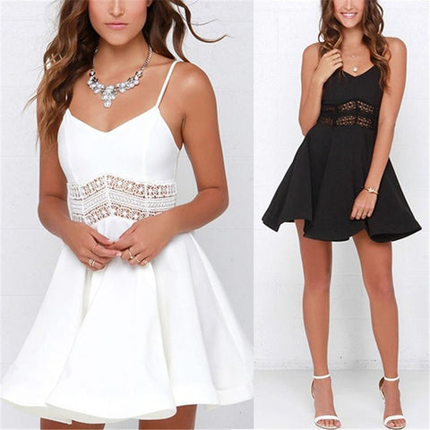 Sexy Vestidos Strap V Neck Crochet Lace Waist Skater Mini Party Dress