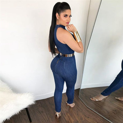 Turtleneck Zipper Sleeveless Bodycon Jeans Overalls Denim Romper