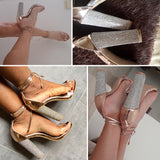 Sandals Bandage Rhinestone Ankle Strap Super High Square Heel