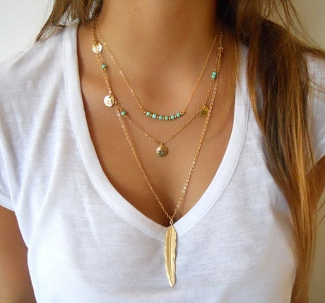 Hot Multilayer Coin Tassels Lariat Bar Necklaces Beads Choker Feather Pendants