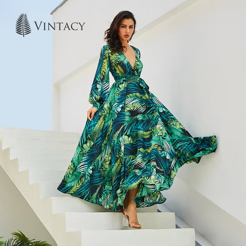 Long Sleeve Tropical Beach Vintage Maxi Dress