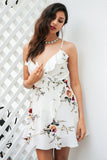 Sexy A-line Ruffles Floral Deep v neck Backless Bandage Party dress