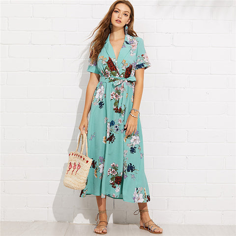 Vacation Beach Notch Collar Wrap Short Sleeve Maxi Dress