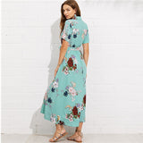 Vacation Beach Notch Collar Wrap Short Sleeve Maxi Dress