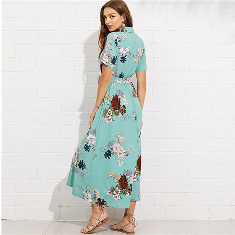 Vacation Beach Notch Collar Wrap Short Sleeve Maxi Dress