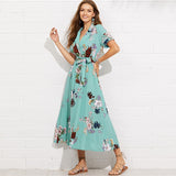 Vacation Beach Notch Collar Wrap Short Sleeve Maxi Dress