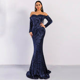 Sexy BRA Long Sleeve Off Shoulder Sequin Backless Skinny Maxi Dress