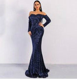 Sexy BRA Long Sleeve Off Shoulder Sequin Backless Skinny Maxi Dress