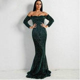 Sexy BRA Long Sleeve Off Shoulder Sequin Backless Skinny Maxi Dress