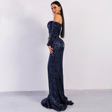 Sexy BRA Long Sleeve Off Shoulder Sequin Backless Skinny Maxi Dress