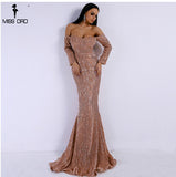 Sexy BRA Long Sleeve Off Shoulder Sequin Backless Skinny Maxi Party Elegant Dress