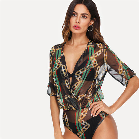 Sexy Wrap Mesh Sheer Deep V Neck Half Sleeve Elegant Bodysuit