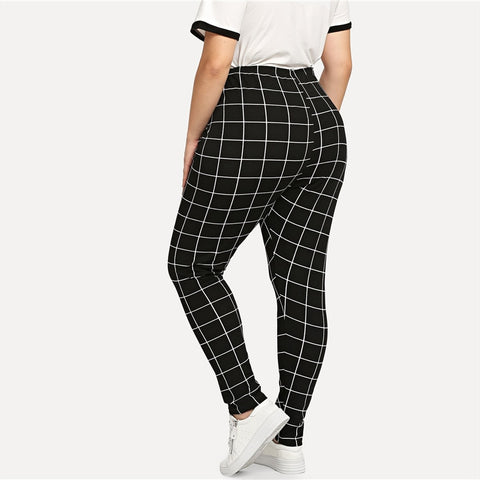 Elegant Mid Waist Grid Print Long Casual Legging