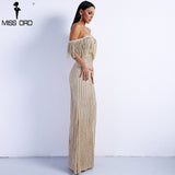 Sexy Elegant V Neck Off Shoulder Tassel Glitter High Split Maxi Dress