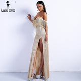 Sexy Elegant V Neck Off Shoulder Tassel Glitter High Split Maxi Dress