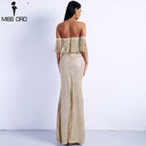 Sexy Elegant V Neck Off Shoulder Tassel Glitter High Split Maxi Dress