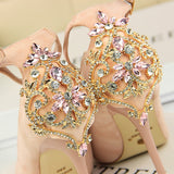 Elegant Crystal Pointed Toe Solid Flock Buckle Shallow High Heels