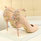 Elegant Crystal Pointed Toe Solid Flock Buckle Shallow High Heels