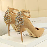 Elegant Crystal Pointed Toe Solid Flock Buckle Shallow High Heels