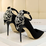 Elegant Crystal Pointed Toe Solid Flock Buckle Shallow High Heels