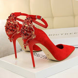 Elegant Crystal Pointed Toe Solid Flock Buckle Shallow High Heels