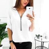 Zipper Short Sleeve V Neck Solid Casual Shirts