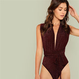 Sexy Burgundy Polka Dot Cut Out Front Halter Sexy Backless Belted Criss Cross Bodysuits