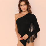 Black Sexy Fringe Trim One Shoulder Long Sleeve Party Skinny Bodysuits