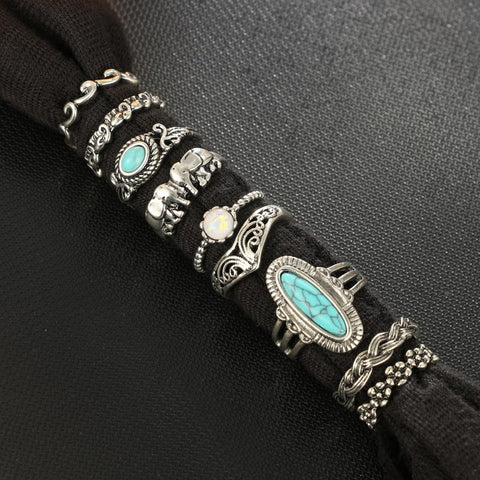 9pcs/Set Boho Rings Set Antique Silver Rings