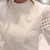 Sexy Slim Bottoming Long-sleeved White Shirt Lace Hook Flower Hollow