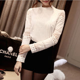 Sexy Slim Bottoming Long-sleeved White Shirt Lace Hook Flower Hollow