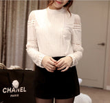 Sexy Slim Bottoming Long-sleeved White Shirt Lace Hook Flower Hollow