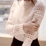 Sexy Slim Bottoming Long-sleeved White Shirt Lace Hook Flower Hollow