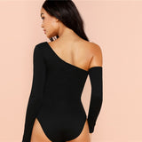 Black Sexy One Shoulder Solid Asymmetrical Neck Mid Waist Skinny Solid Bodysuit