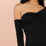 Black Sexy One Shoulder Solid Asymmetrical Neck Mid Waist Skinny Solid Bodysuit