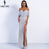 Sexy Elegant V Neck Off Shoulder Tassel Glitter High Split Maxi Dress