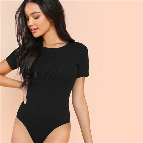 Black Minimalist Solid Form Fitting Casual O-Neck Short Sleeve Skinny Bodysuit