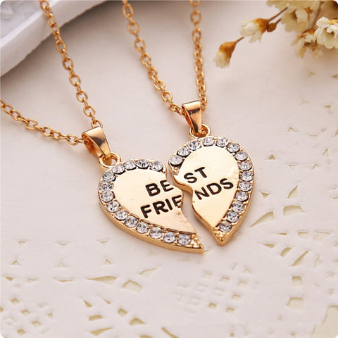 Split Half Heart Rhinestone Best Friend Pendant Long Necklace