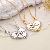 Split Half Heart Rhinestone Best Friend Pendant Long Necklace