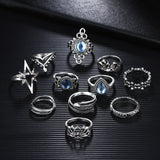 Bohemian Vintage Carving Flower Rings Set Mixed Crystal Midi Butterfly Ring