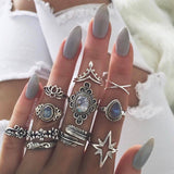 Bohemian Vintage Carving Flower Rings Set Mixed Crystal Midi Butterfly Ring