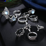 Bohemian Vintage Carving Flower Rings Set Mixed Crystal Midi Butterfly Ring