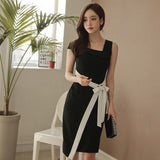 Slash-neck Lace Up Knee-length Sleeveless Slim Waist Elegant Work Dress