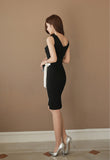 Slash-neck Lace Up Knee-length Sleeveless Slim Waist Elegant Work Dress