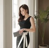 Slash-neck Lace Up Knee-length Sleeveless Slim Waist Elegant Work Dress