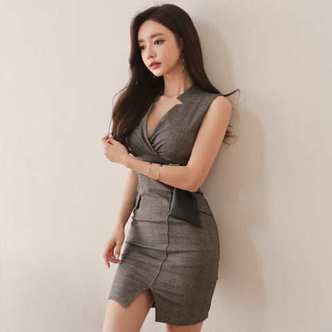 Pockets Patchwork Sashes V-neck Sleeveless Short Bodycon Work Dress