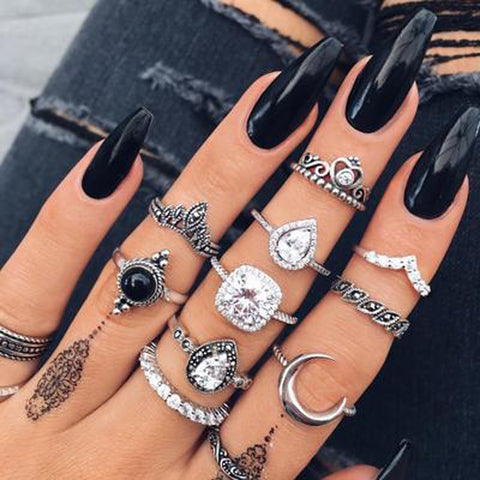 Vintage Antique Silver Moon Heart Crown Opal Stone Finger Midi Knuckle Rings Set