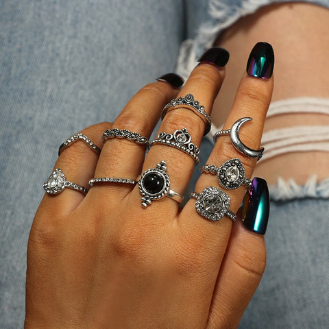 Vintage Antique Silver Moon Heart Crown Opal Stone Finger Midi Knuckle Rings Set