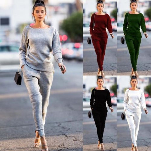 Elegant Gray Burgundy Knitted Sweatshirt Elastic Waist Warm Pullovers Tracksuit